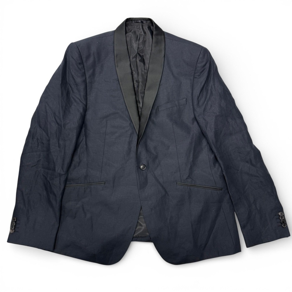 ASOS Mens 46 Slim Linen Tuxedo Jacket Navy Blue Shawl Lapel Blazer